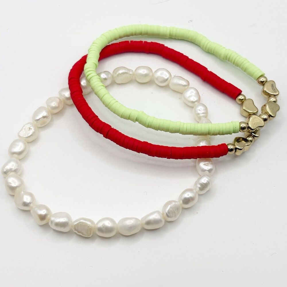 Lot Of 3 Stretch Stackable Boho Fresh Water Pearls Seed Beaded Heishi Bracelets